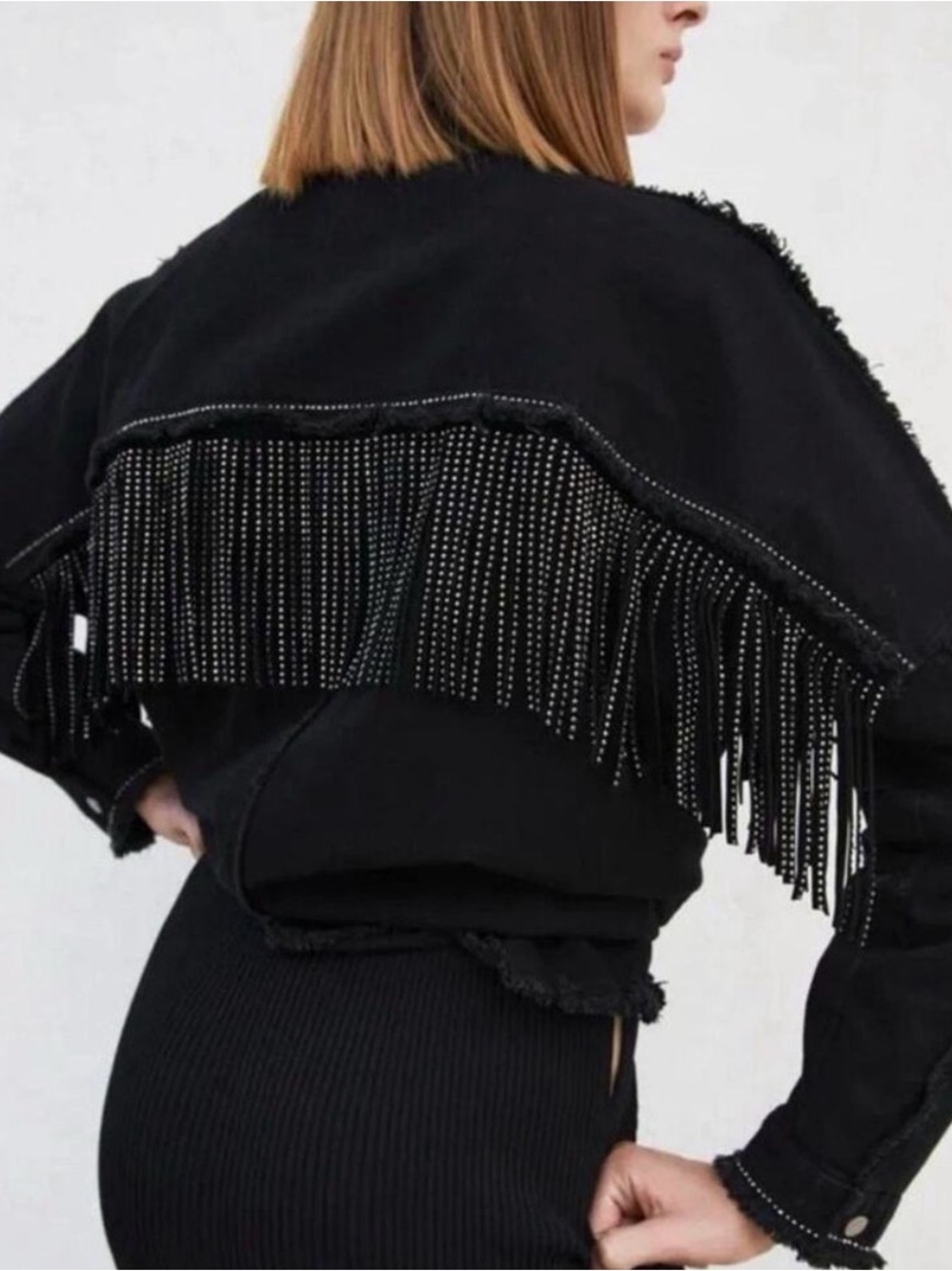 Zara Black Denim Fringe Rhinestone Western Shacket Jacket Disco Cowgirl Sequin S